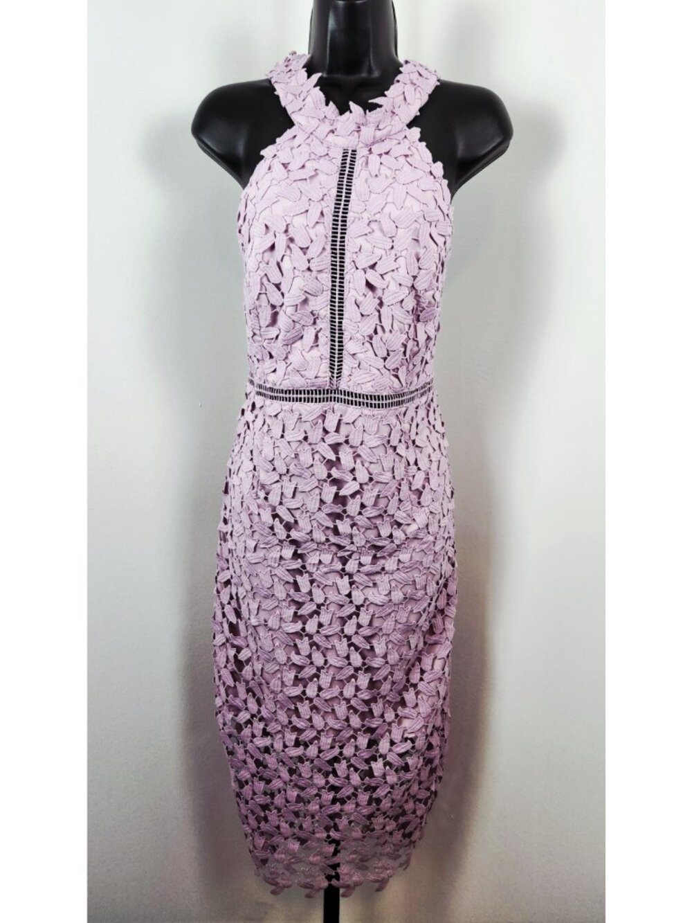 Bardot High Neck Halter Floral Lace Pencil Midi Cocktail Dress-Lavender-SZ 8M